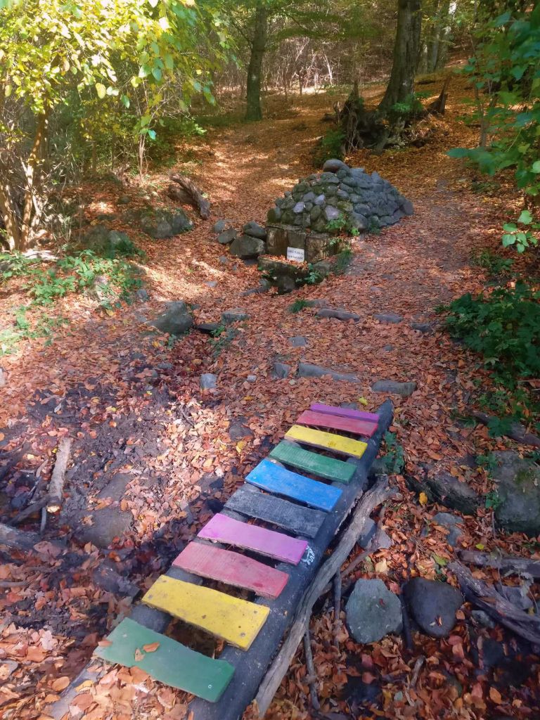 János spring and the colorful wooden bridge