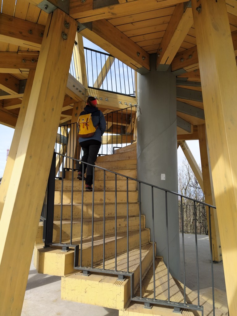 Walking up the wood stairs of the Guckler Károly viewpoint