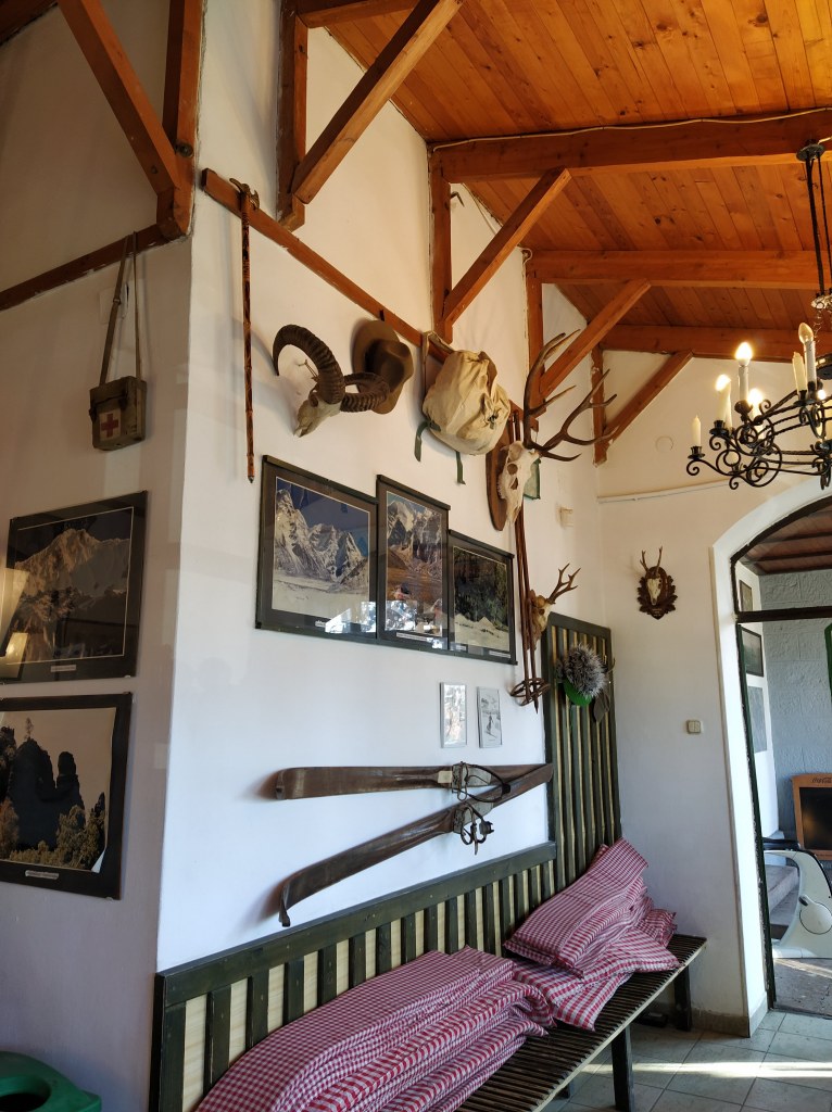 Interior of the tourist house at Dobogókő, vintage gear on the walls