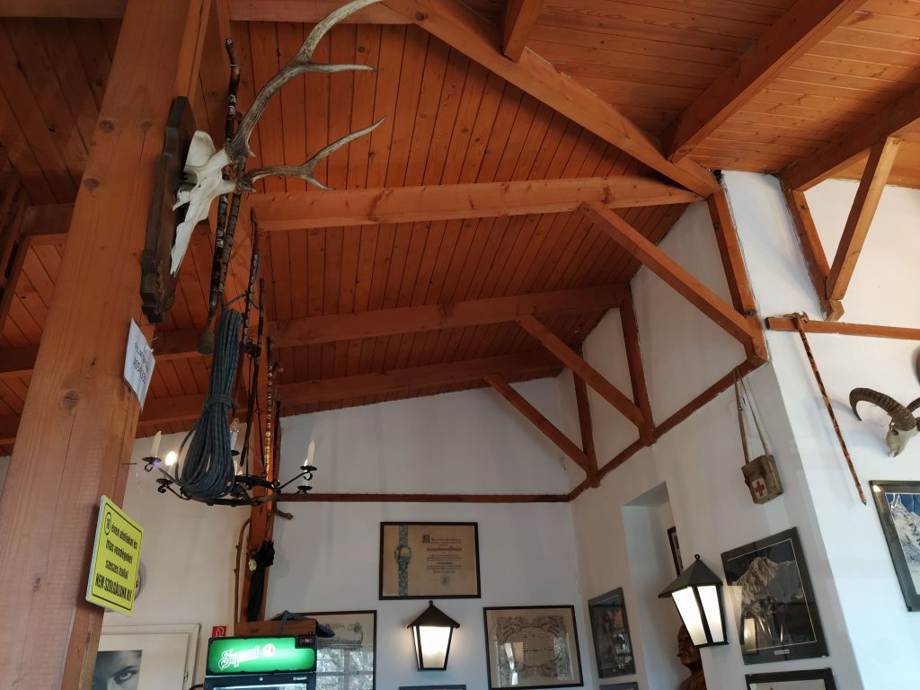 Interior of the tourist house at Dobogókő, vintage gear on the walls