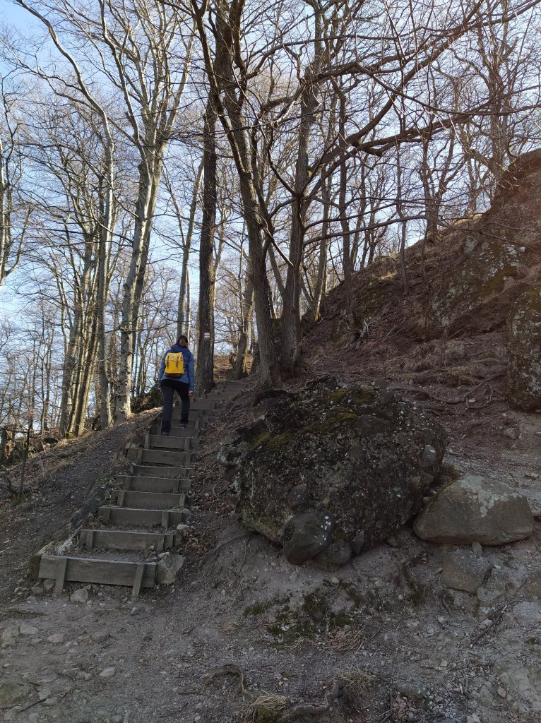 Walking up wooden stairs, rocks on the right side